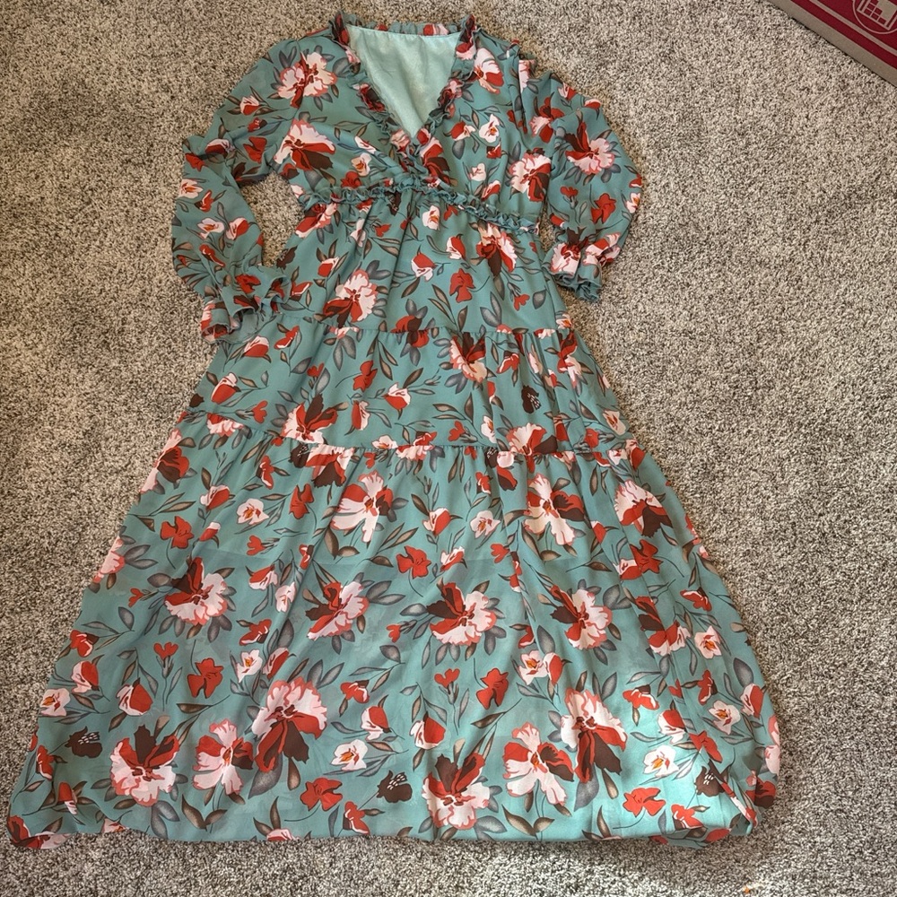 Amazon Floral Maxi Dress - Teal and Red